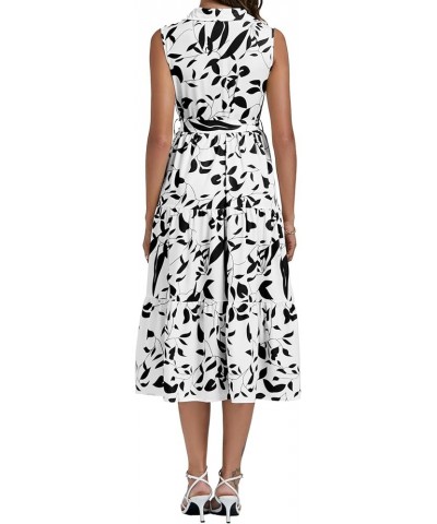 Women's Floral Button Up Collar Tie Waist Tiered Ruffle Sleeveless Midi Dress White $19.35 Dresses