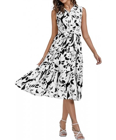 Women's Floral Button Up Collar Tie Waist Tiered Ruffle Sleeveless Midi Dress White $19.35 Dresses