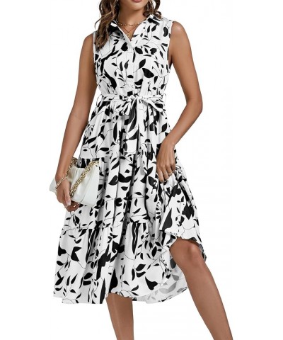 Women's Floral Button Up Collar Tie Waist Tiered Ruffle Sleeveless Midi Dress White $19.35 Dresses