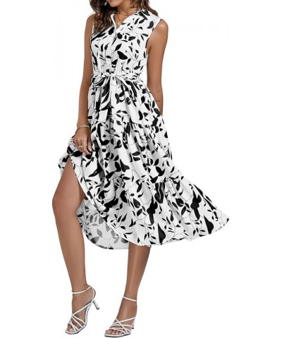 Women's Floral Button Up Collar Tie Waist Tiered Ruffle Sleeveless Midi Dress White $19.35 Dresses