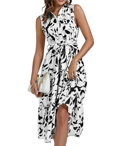 Women's Floral Button Up Collar Tie Waist Tiered Ruffle Sleeveless Midi Dress White $19.35 Dresses