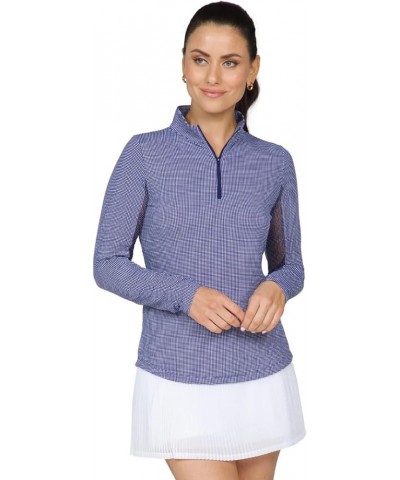 Athleisure Wear Sun Protective UPF 50 Icefil Cooling Mini Check Long Sleeve Mock Neck - 10754 Color: Lavender/White - Print: ...