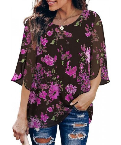 Womens Tops Dressy Casual Summer Chiffon Blouse 3/4 Sleeve Loose Mesh Tunic Shirts B-rose Red Flower $12.50 Blouses