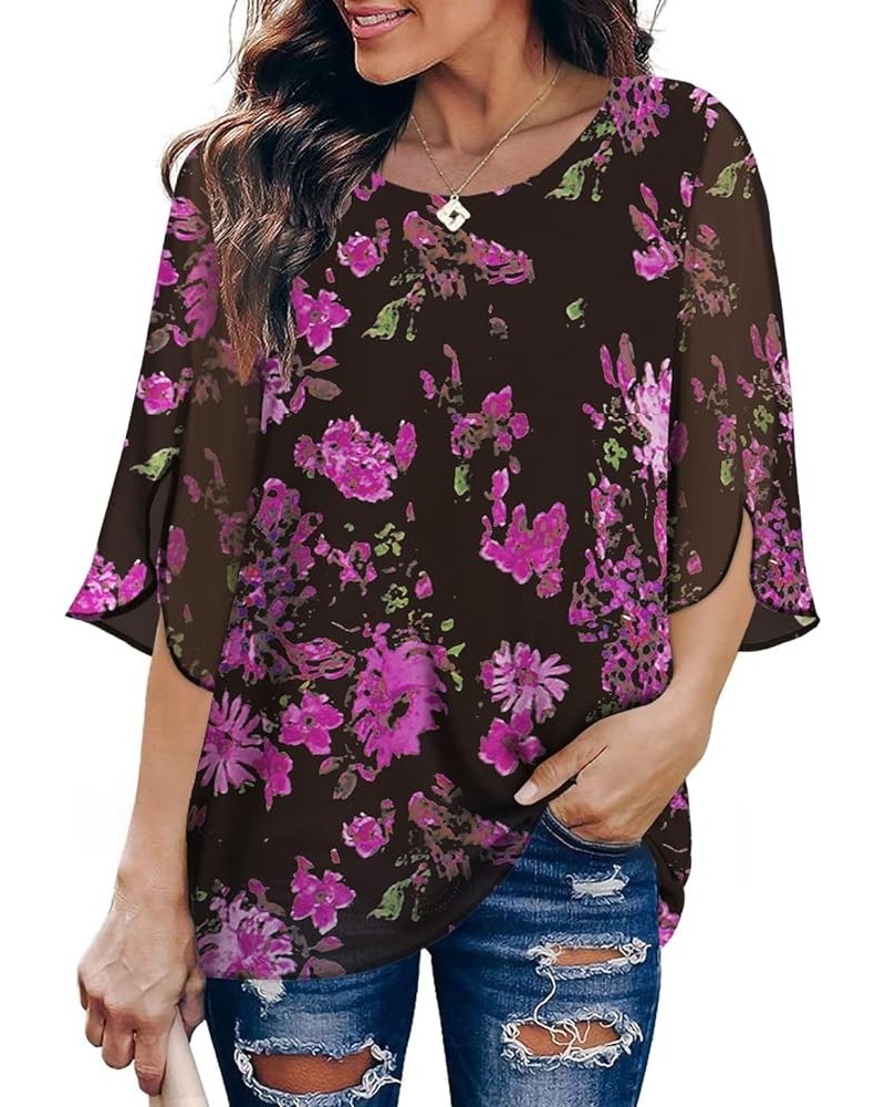 Womens Tops Dressy Casual Summer Chiffon Blouse 3/4 Sleeve Loose Mesh Tunic Shirts B-rose Red Flower $12.50 Blouses