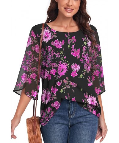 Womens Tops Dressy Casual Summer Chiffon Blouse 3/4 Sleeve Loose Mesh Tunic Shirts B-rose Red Flower $12.50 Blouses