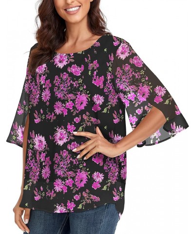 Womens Tops Dressy Casual Summer Chiffon Blouse 3/4 Sleeve Loose Mesh Tunic Shirts B-rose Red Flower $12.50 Blouses