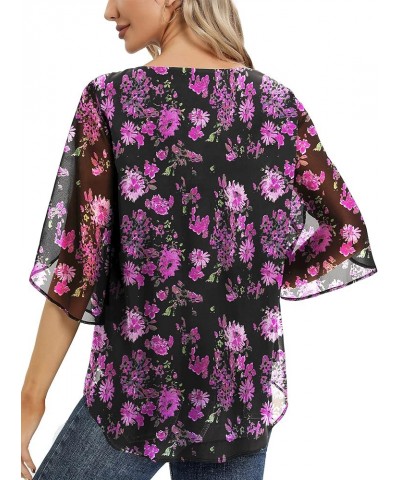 Womens Tops Dressy Casual Summer Chiffon Blouse 3/4 Sleeve Loose Mesh Tunic Shirts B-rose Red Flower $12.50 Blouses