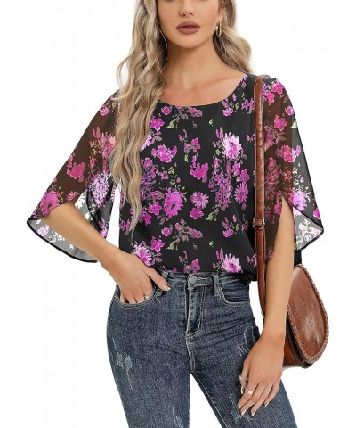 Womens Tops Dressy Casual Summer Chiffon Blouse 3/4 Sleeve Loose Mesh Tunic Shirts B-rose Red Flower $12.50 Blouses