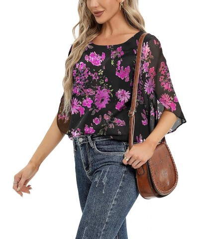 Womens Tops Dressy Casual Summer Chiffon Blouse 3/4 Sleeve Loose Mesh Tunic Shirts B-rose Red Flower $12.50 Blouses