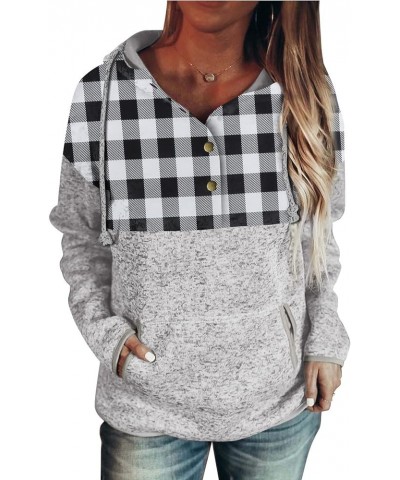 Womens 2023 Fashion Fall Button Collar Drawstring Stitching Sweatshirts Hoodies Pullover Plaid Black $12.36 Hoodies & Sweatsh...