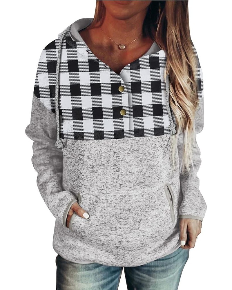 Womens 2023 Fashion Fall Button Collar Drawstring Stitching Sweatshirts Hoodies Pullover Plaid Black $12.36 Hoodies & Sweatsh...