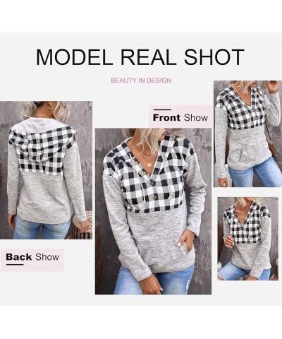 Womens 2023 Fashion Fall Button Collar Drawstring Stitching Sweatshirts Hoodies Pullover Plaid Black $12.36 Hoodies & Sweatsh...