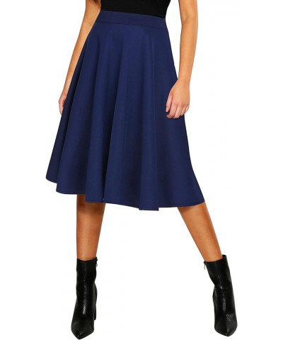 Women's Basic Elastic Waist A-line Solid Flared Midi Skirt Navy Blue $15.12 Skirts