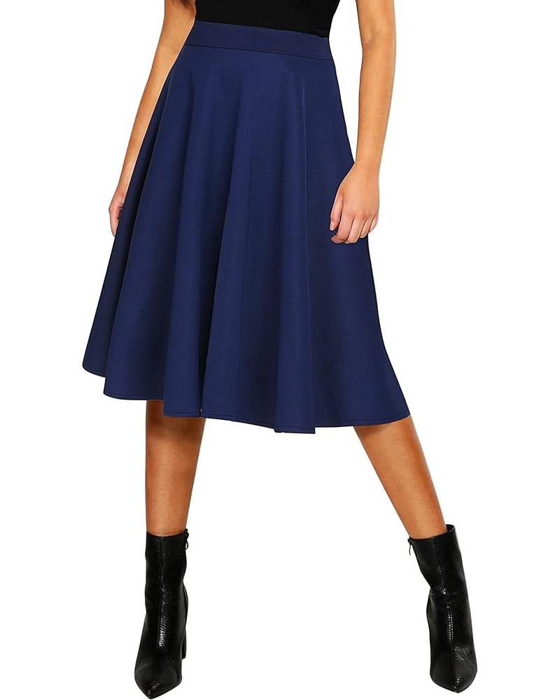 Women's Basic Elastic Waist A-line Solid Flared Midi Skirt Navy Blue $15.12 Skirts