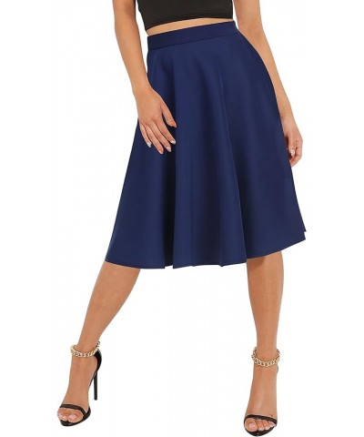 Women's Basic Elastic Waist A-line Solid Flared Midi Skirt Navy Blue $15.12 Skirts