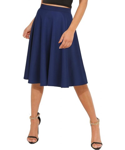 Women's Basic Elastic Waist A-line Solid Flared Midi Skirt Navy Blue $15.12 Skirts