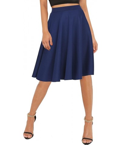 Women's Basic Elastic Waist A-line Solid Flared Midi Skirt Navy Blue $15.12 Skirts