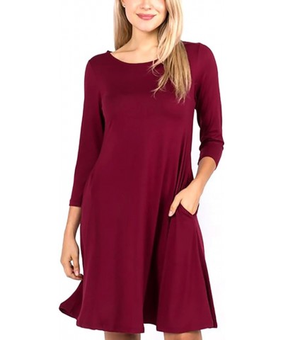 Women's A-line Dress with Pockets Plus Sizes S-3XL Burgundy Long Sleeve $13.16 Dresses