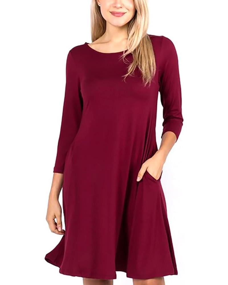 Women's A-line Dress with Pockets Plus Sizes S-3XL Burgundy Long Sleeve $13.16 Dresses