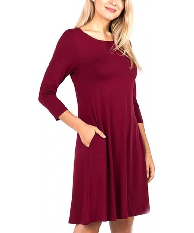 Women's A-line Dress with Pockets Plus Sizes S-3XL Burgundy Long Sleeve $13.16 Dresses