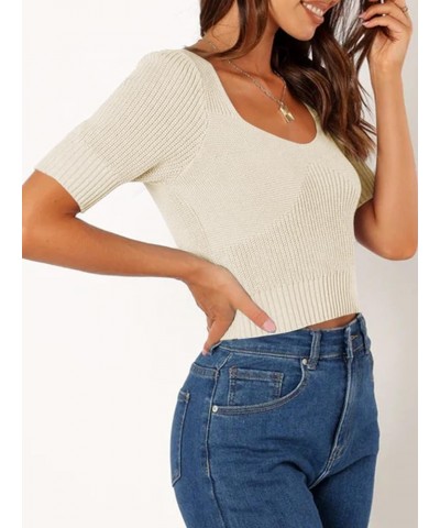 Womens Short Sleeve Crop Sweaters Scoop Neck Lightweight Trendy Summer Blouse Tops Off-white $14.39 Sweaters