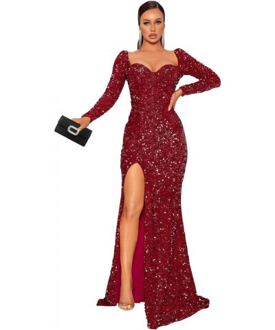 Sparkly Mermaid Long Prom Dresses 2024 with Slit Sequin Formal Evening Gowns for Women with Train RO009 A-wine Red $36.00 Dre...