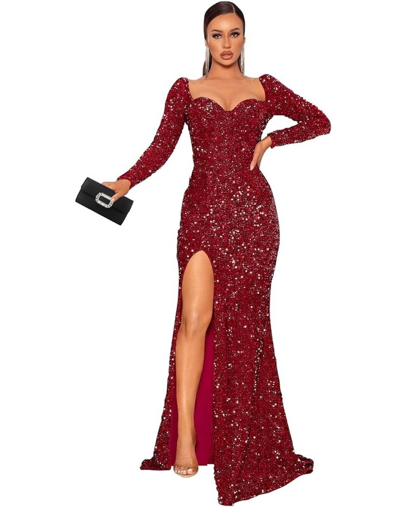 Sparkly Mermaid Long Prom Dresses 2024 with Slit Sequin Formal Evening Gowns for Women with Train RO009 A-wine Red $36.00 Dre...