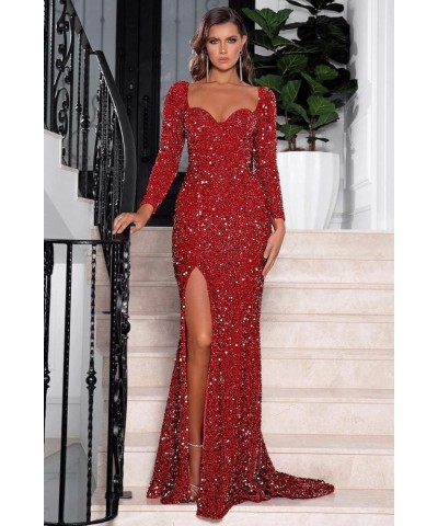 Sparkly Mermaid Long Prom Dresses 2024 with Slit Sequin Formal Evening Gowns for Women with Train RO009 A-wine Red $36.00 Dre...