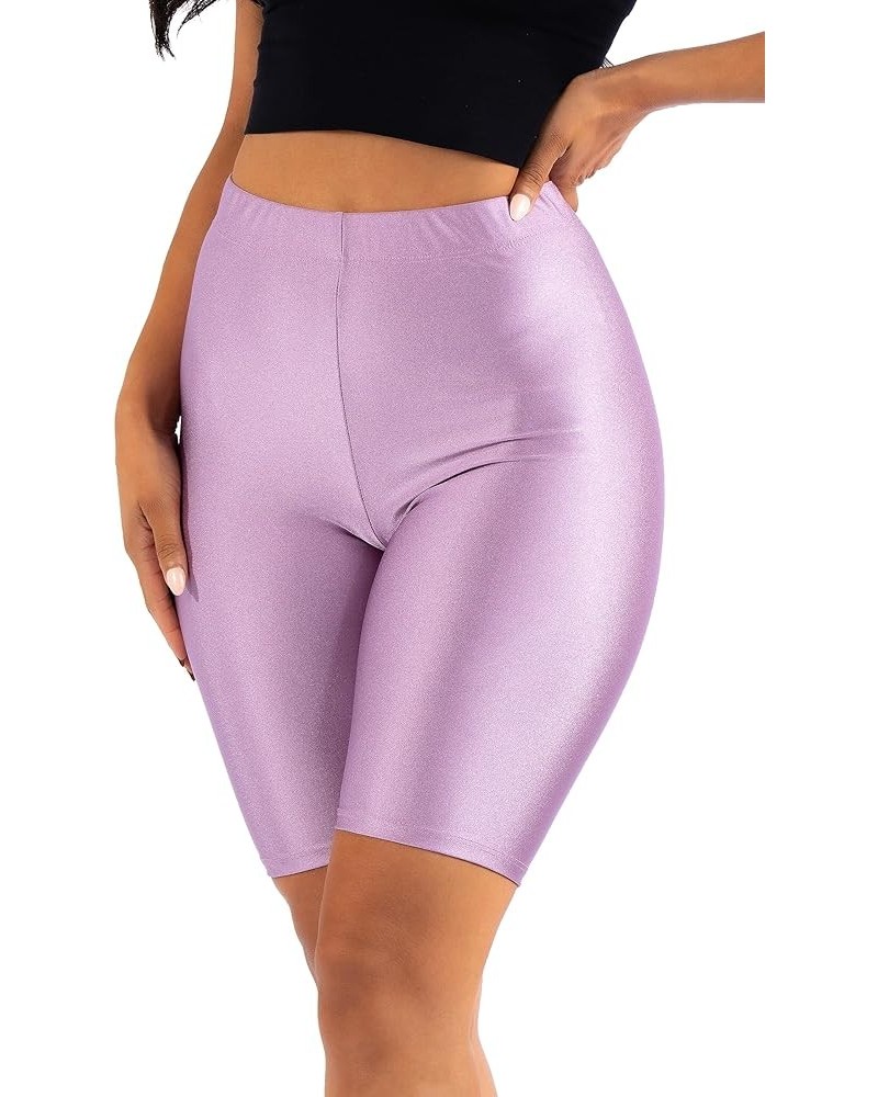 OFENTI Shiny Biker Shorts Colorful Knee Length High Waist Active Slip Shorts Boy Shorts Dance Yoga Running Lounge Lavender $1...