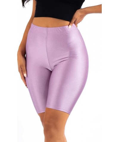 OFENTI Shiny Biker Shorts Colorful Knee Length High Waist Active Slip Shorts Boy Shorts Dance Yoga Running Lounge Lavender $1...