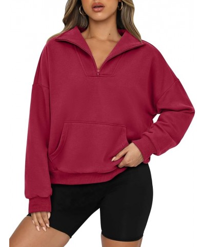 Womens Quarter Zip Long Sleeve Cropped Sweatshirt 2023 Fall Winter Casual V Neck Pullover Tops With Pockets Wine Red $17.63 H...