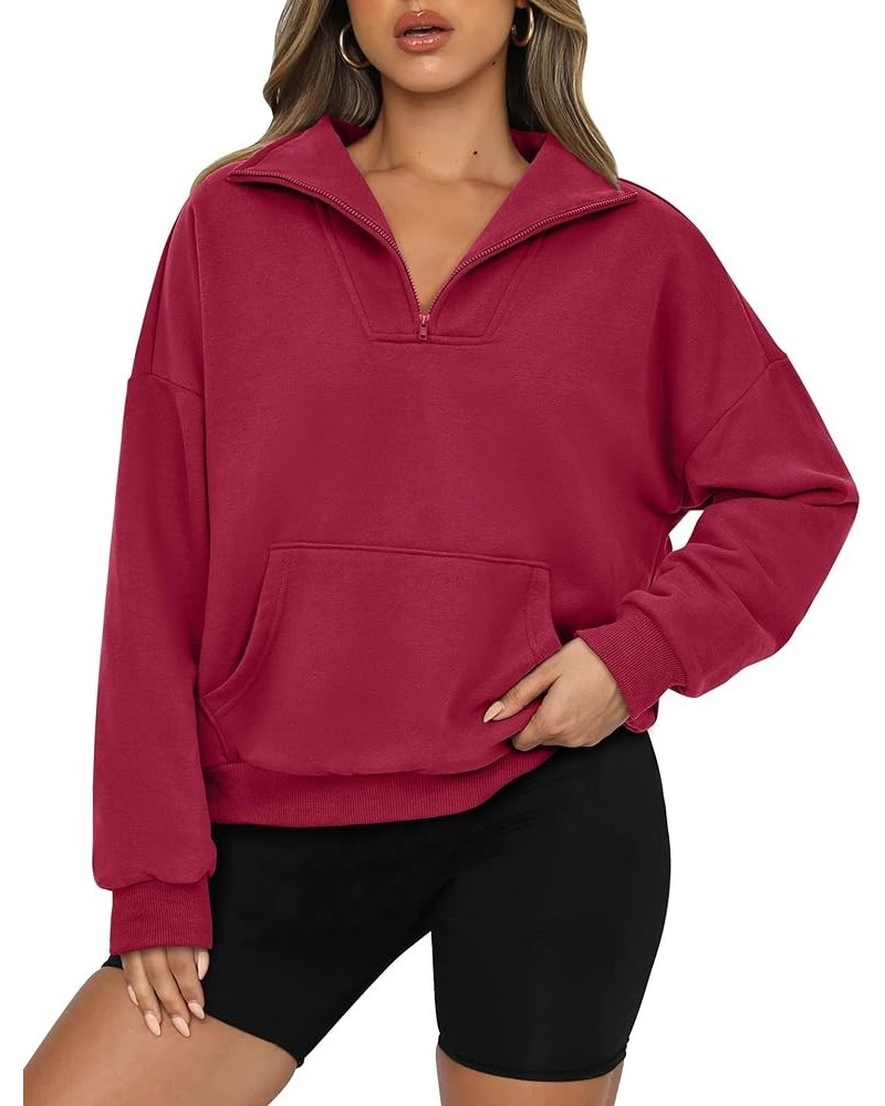 Womens Quarter Zip Long Sleeve Cropped Sweatshirt 2023 Fall Winter Casual V Neck Pullover Tops With Pockets Wine Red $17.63 H...