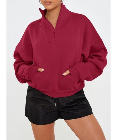 Womens Quarter Zip Long Sleeve Cropped Sweatshirt 2023 Fall Winter Casual V Neck Pullover Tops With Pockets Wine Red $17.63 H...