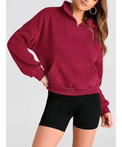 Womens Quarter Zip Long Sleeve Cropped Sweatshirt 2023 Fall Winter Casual V Neck Pullover Tops With Pockets Wine Red $17.63 H...