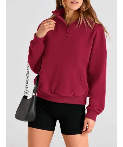 Womens Quarter Zip Long Sleeve Cropped Sweatshirt 2023 Fall Winter Casual V Neck Pullover Tops With Pockets Wine Red $17.63 H...