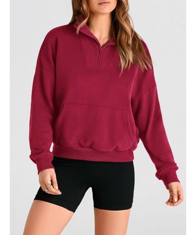 Womens Quarter Zip Long Sleeve Cropped Sweatshirt 2023 Fall Winter Casual V Neck Pullover Tops With Pockets Wine Red $17.63 H...