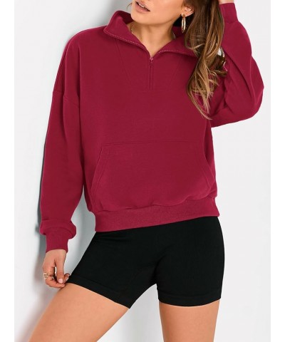 Womens Quarter Zip Long Sleeve Cropped Sweatshirt 2023 Fall Winter Casual V Neck Pullover Tops With Pockets Wine Red $17.63 H...