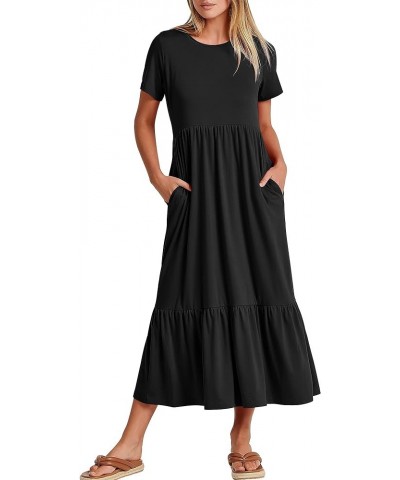 Women's Summer Casual Short Sleeve Crewneck Swing Dress Flowy Tiered Maxi Beach Dress with Pockets Black $15.58 Dresses