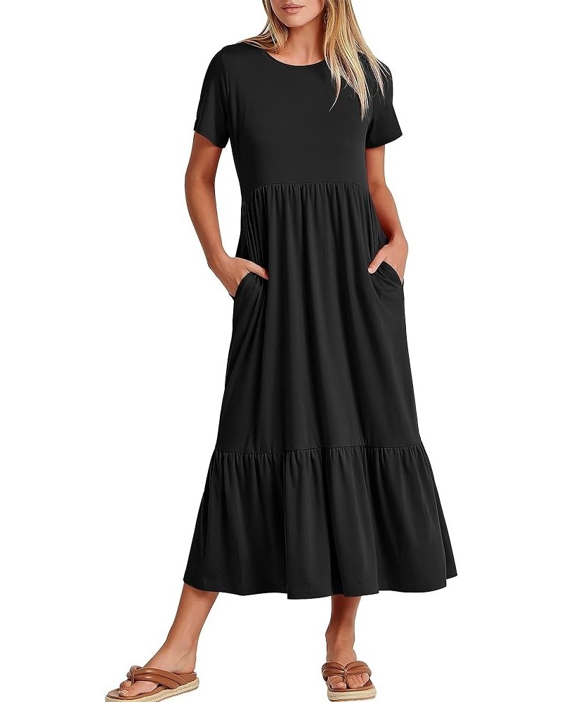 Women's Summer Casual Short Sleeve Crewneck Swing Dress Flowy Tiered Maxi Beach Dress with Pockets Black $15.58 Dresses