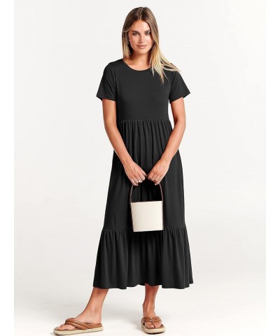 Women's Summer Casual Short Sleeve Crewneck Swing Dress Flowy Tiered Maxi Beach Dress with Pockets Black $15.58 Dresses