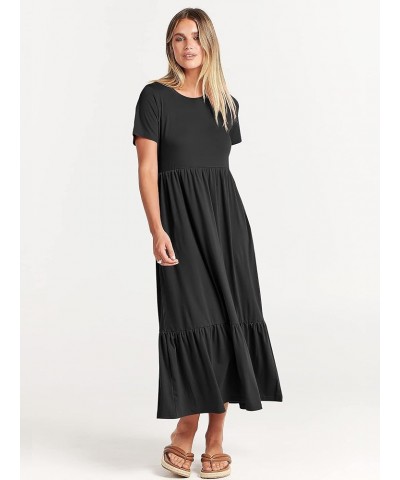 Women's Summer Casual Short Sleeve Crewneck Swing Dress Flowy Tiered Maxi Beach Dress with Pockets Black $15.58 Dresses