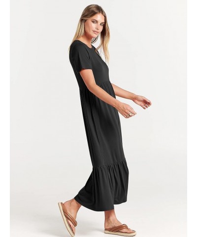 Women's Summer Casual Short Sleeve Crewneck Swing Dress Flowy Tiered Maxi Beach Dress with Pockets Black $15.58 Dresses