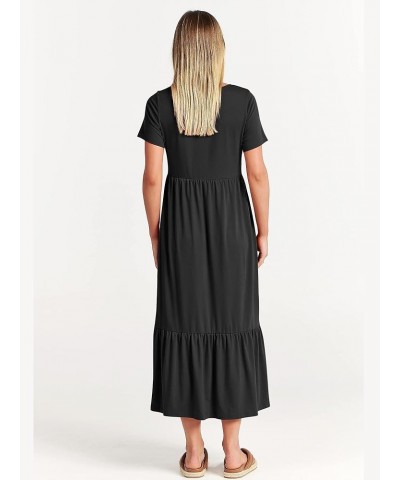 Women's Summer Casual Short Sleeve Crewneck Swing Dress Flowy Tiered Maxi Beach Dress with Pockets Black $15.58 Dresses