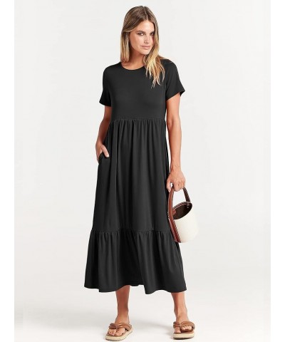 Women's Summer Casual Short Sleeve Crewneck Swing Dress Flowy Tiered Maxi Beach Dress with Pockets Black $15.58 Dresses