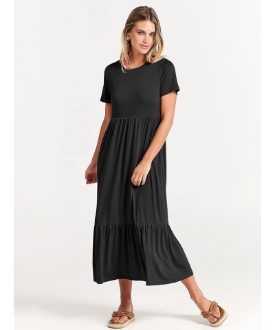 Women's Summer Casual Short Sleeve Crewneck Swing Dress Flowy Tiered Maxi Beach Dress with Pockets Black $15.58 Dresses