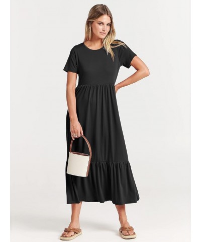 Women's Summer Casual Short Sleeve Crewneck Swing Dress Flowy Tiered Maxi Beach Dress with Pockets Black $15.58 Dresses