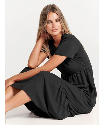 Women's Summer Casual Short Sleeve Crewneck Swing Dress Flowy Tiered Maxi Beach Dress with Pockets Black $15.58 Dresses