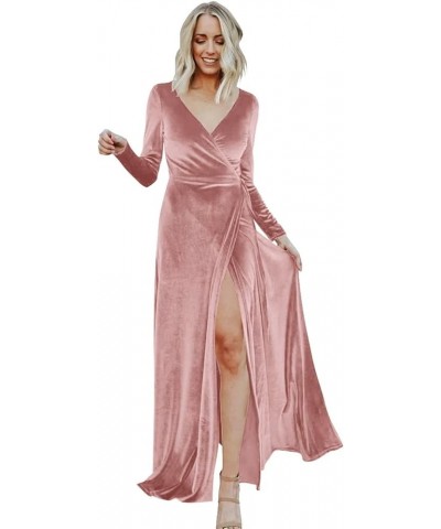 Long Sleeve Velvet Bridesmaid Dresses for Wedding Wrap Maxi V Neck Slit Formal Evening Party Gown for Women Full Back-blush P...