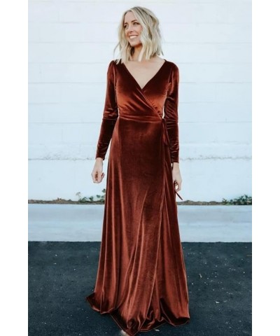 Long Sleeve Velvet Bridesmaid Dresses for Wedding Wrap Maxi V Neck Slit Formal Evening Party Gown for Women Full Back-blush P...