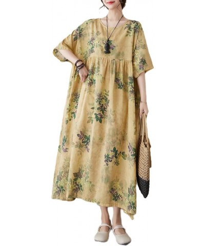 Women's Summer Crewneck Short Sleeve Maxi Length Floral Printed Dress GA2672 Yellow $13.98 Dresses